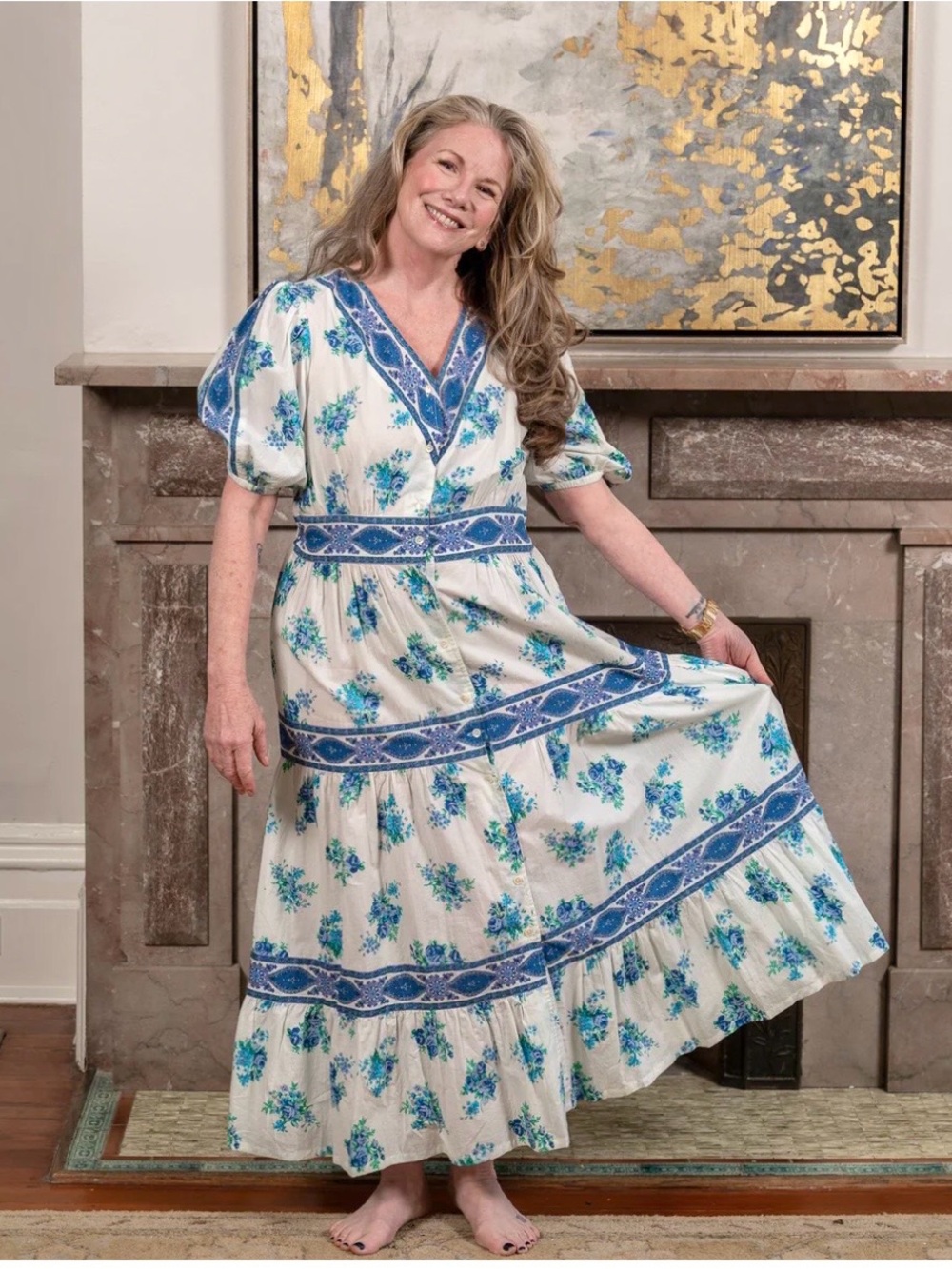 April Cornell the Estella Boho
Dress White Maxi Dress w Blue Floral Trim Large